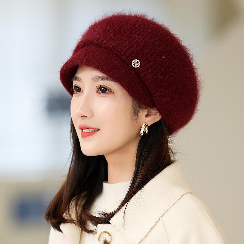 Autumn and Winter Hats, Middle-aged and Elderly Rabbit Fur, Diamond Label, Wool Hat, Piled and Thickened Thermal Hat, Old Lady Knitted Cotton Hat,