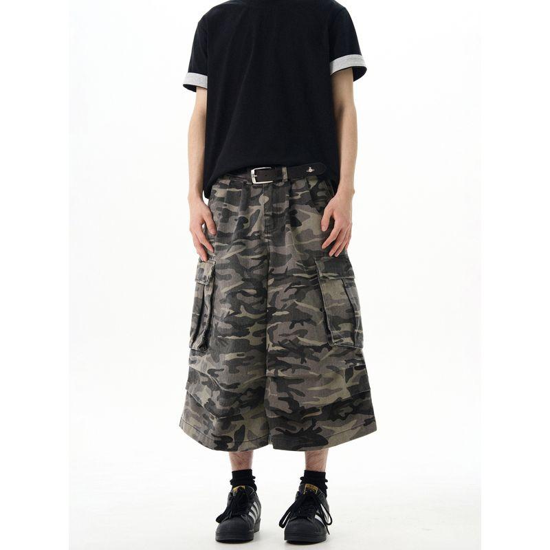 Kisko American Retro Washed Distressed Camouflage Wide-Leg Denim Shorts for Men and Women, New Loose Straight-Leg Cropped Pants