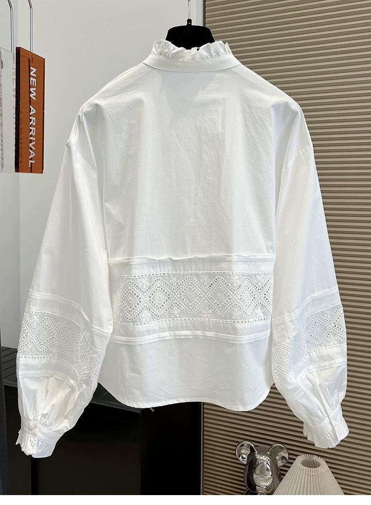 Sweet lotus leaf collar lace hollow lace long-sleeved shirt women's loose Japanese and Korean silhouette commuter versatile top