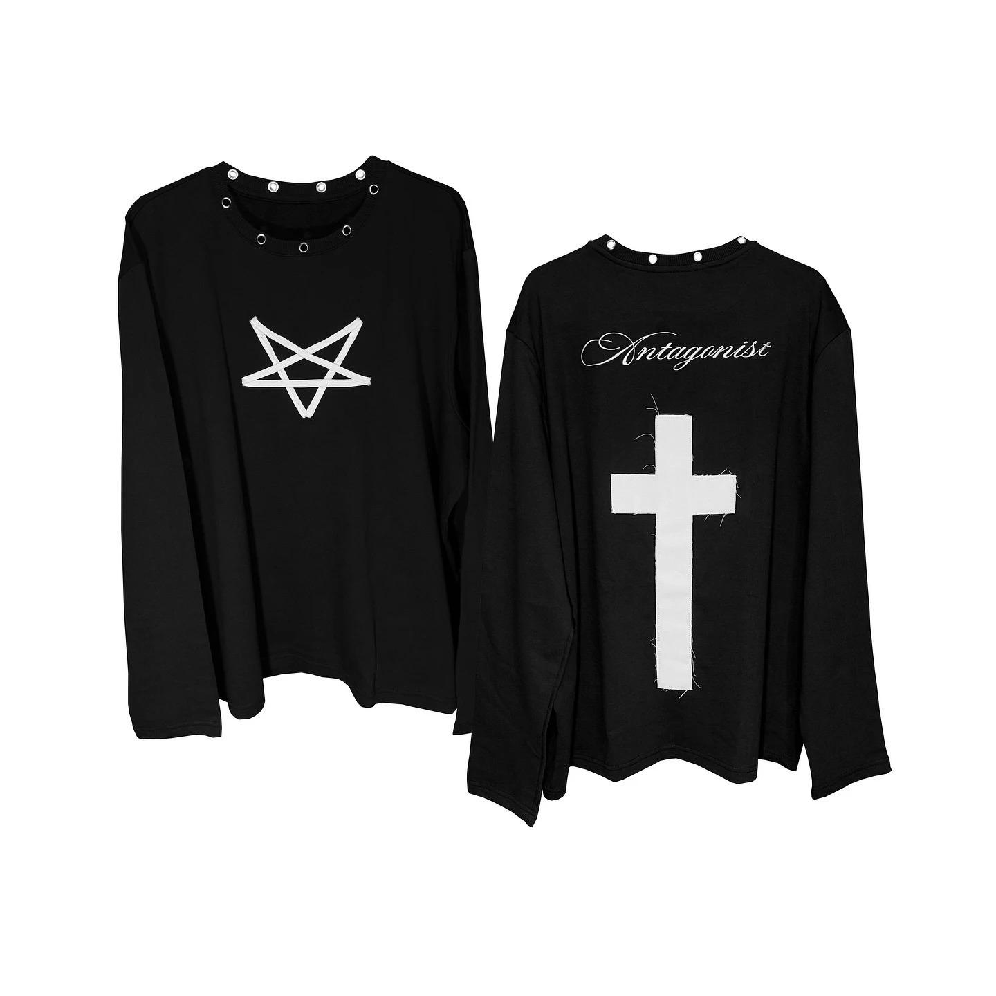 Европейская и Американская Осенняя Готическая Темная Панк Патч Лонгслив Футболка Стиль Y2K Medium чёрный