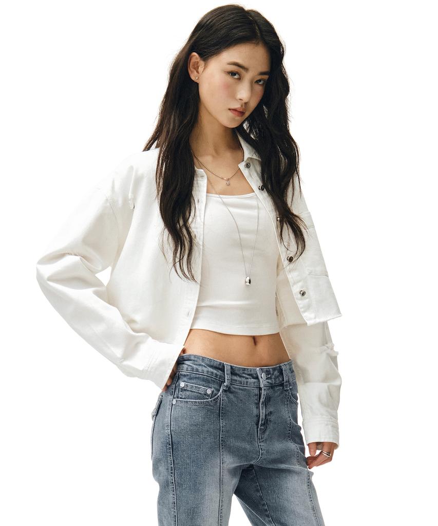 Deketeuumeon Cropped Damage Denim Shirts Dcwsh004White