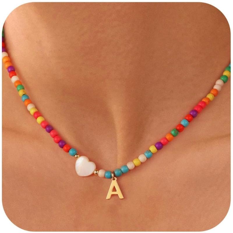 Handcrafted Beach Style Letter Necklace For Women Delicate Turquoise Beaded Chokers Jewelry With Shell Accents