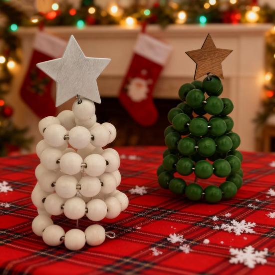 Nordic Wooden Spiral Christmas Tree Ornament Rustic Beaded Boho Christmas Tree Figurine for Home Office Farmhouse Centerpiece