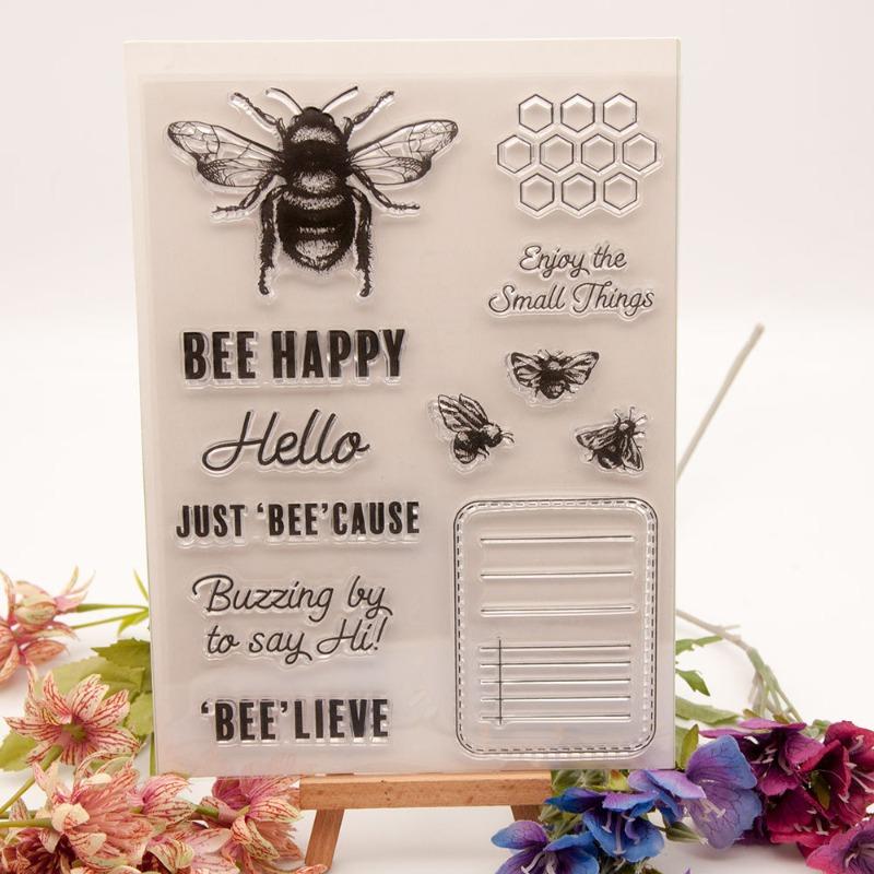 Bee Happy Clear Stamp Silicone Stamp Cards Greeting Words Pattern for Holiday Card Making Decoration and DIY Scrapbooking