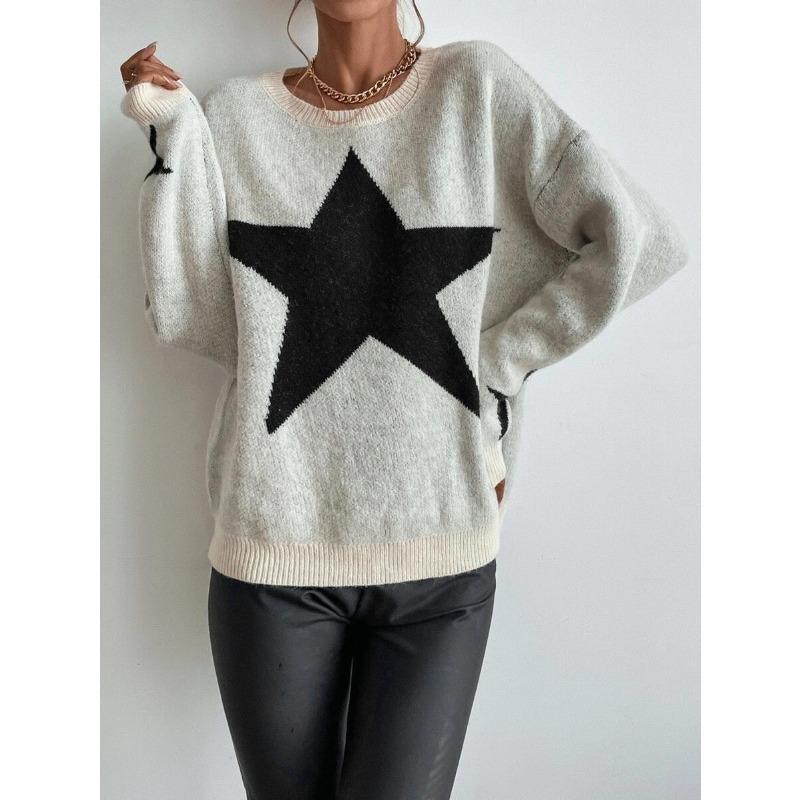 Women S Crew Neck Long Sleeve Pullover Knit Sweater Star Pattern