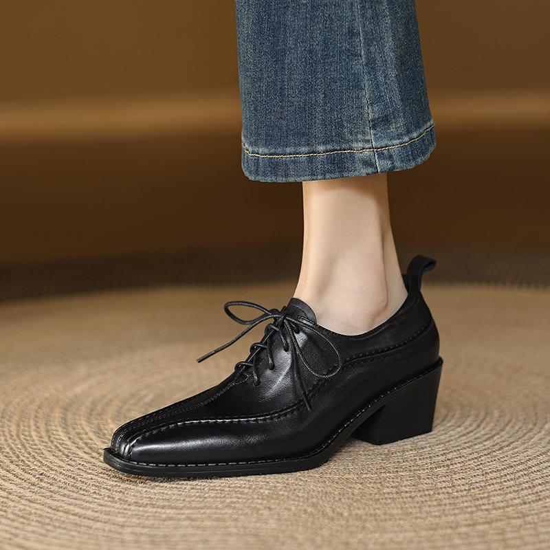 Fashion 2025 New Women Pumps Spring Autumn Office Ladies Casual Low Heels Comfortable Genuine Leather Lace-Up High-heeled Shoes Woman