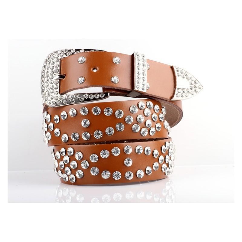 Fashionable Leather Belt For Women With Rhinestone Pattern And Adjustable Pin Closure