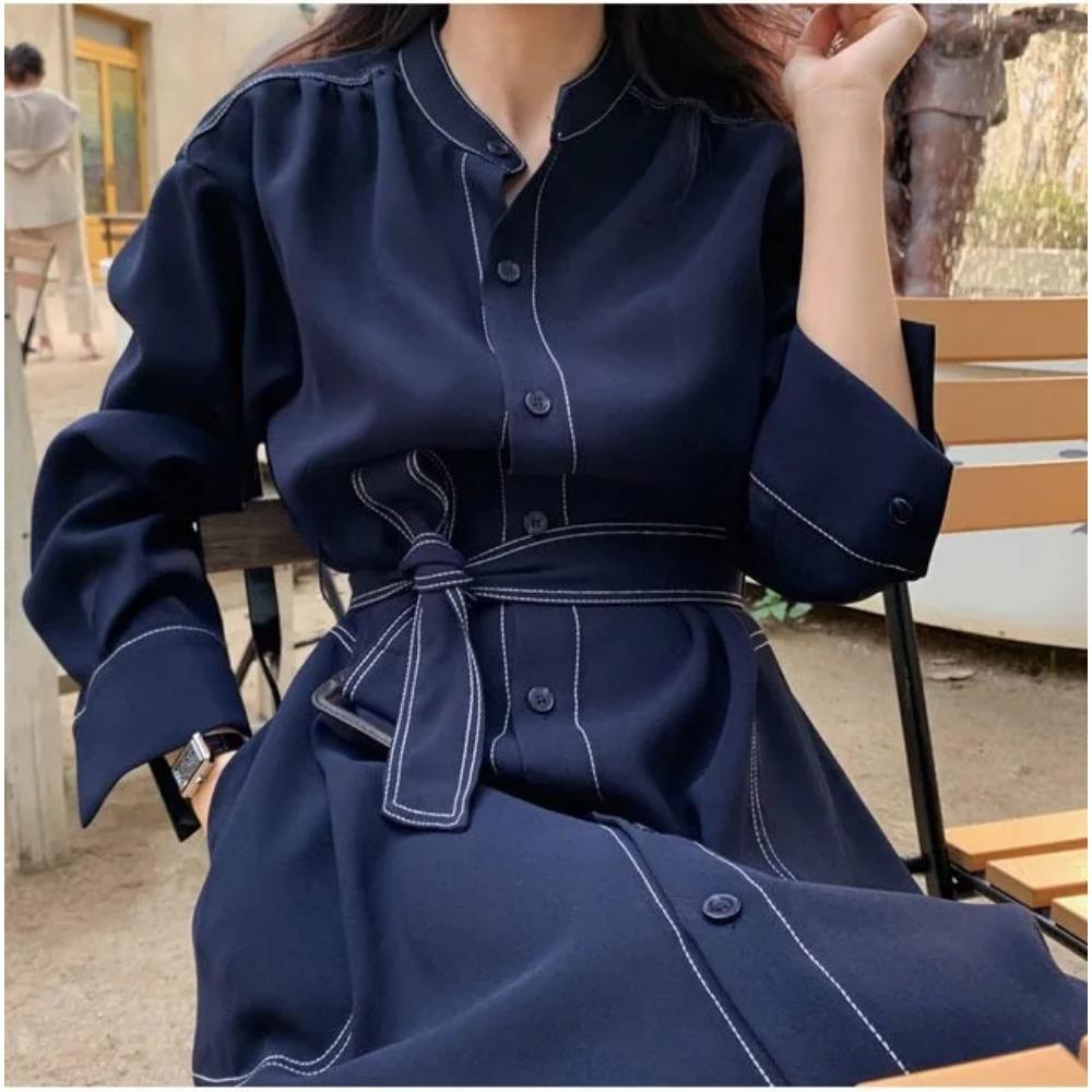Single Breasted Women's Shirt Dresses Sashes New Stand Collar Casual Straight Dress Female