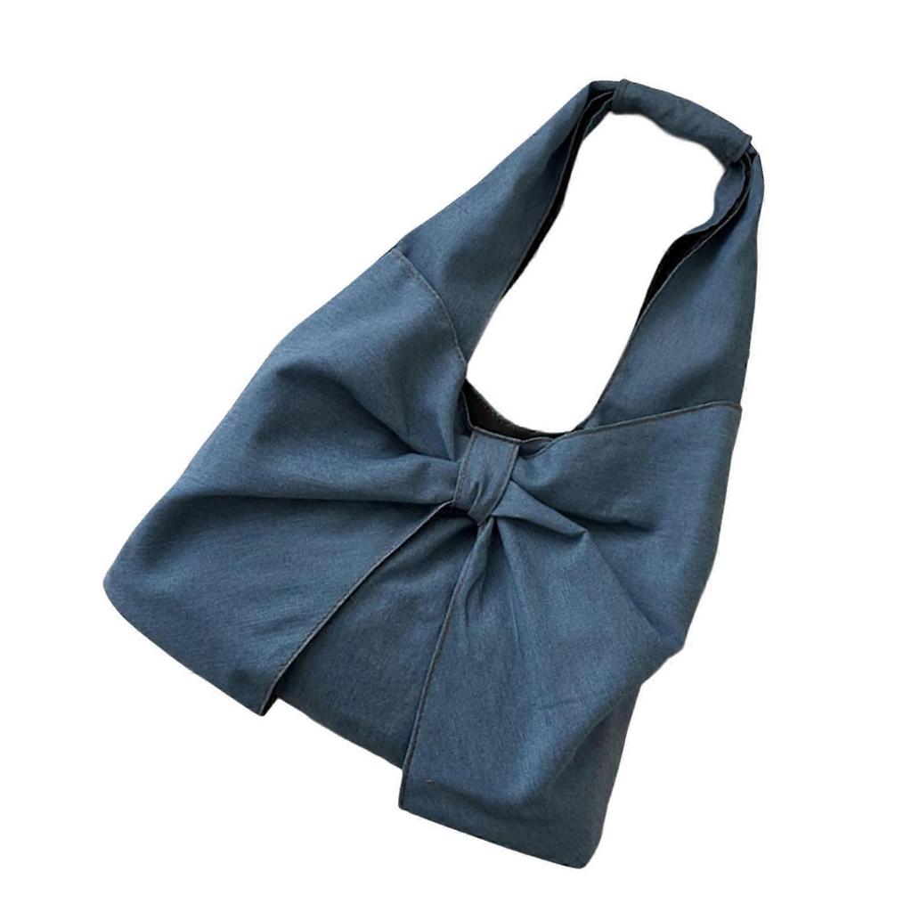 Japanese Style Women's Underarm Bag With Bows Decoration Jeans Shoulder Bag Casual Satchel Handbag for Women and Girls Blue