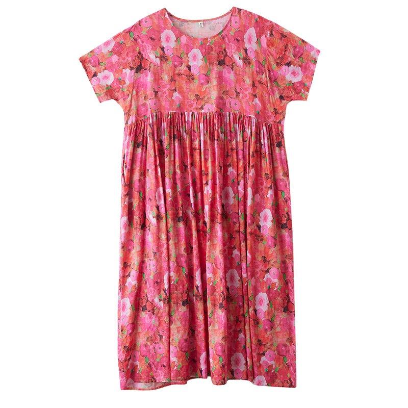 Summer New Simple Bohemian Long Dress Fattened and Enlarged Short-sleeved Crew Neck Printed Dress Women's Clothing