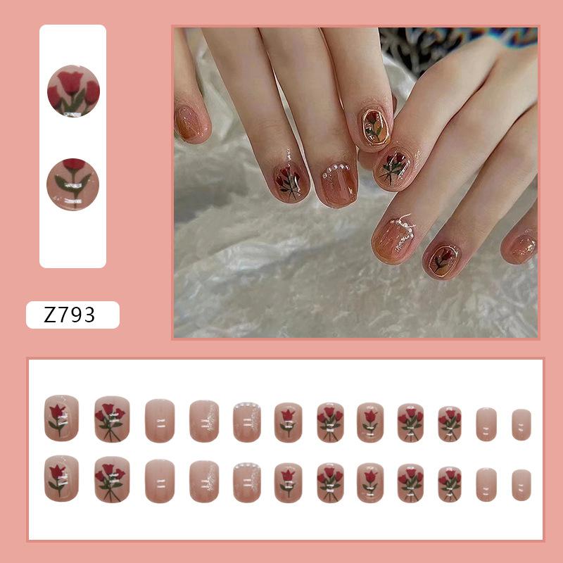 Short pearl rose retro style nail art piece sweet sister ins fake nail finished wear nail finished nails