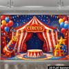 2D planar circus carnival party banner background. Circus theme, featuring red and white striped tents and colorful balloons.