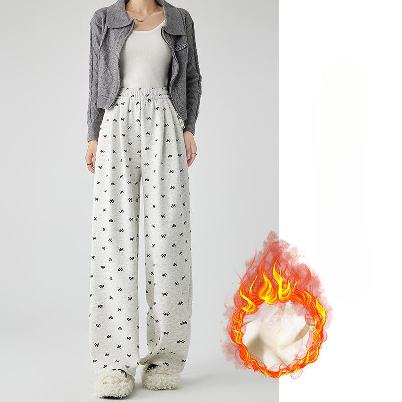 Design-sensory Bow Printed Wide-leg Pants Casual Pants Women's Autumn High-waisted Straight-leg Pants Floor Pants