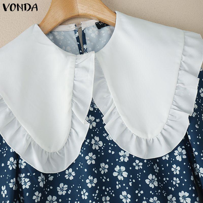 VONDA Rochie Elegantă Casual pentru Femei cu Guler Păpușă, Imprimeu Floral Patchwork, Mânecă Lungă