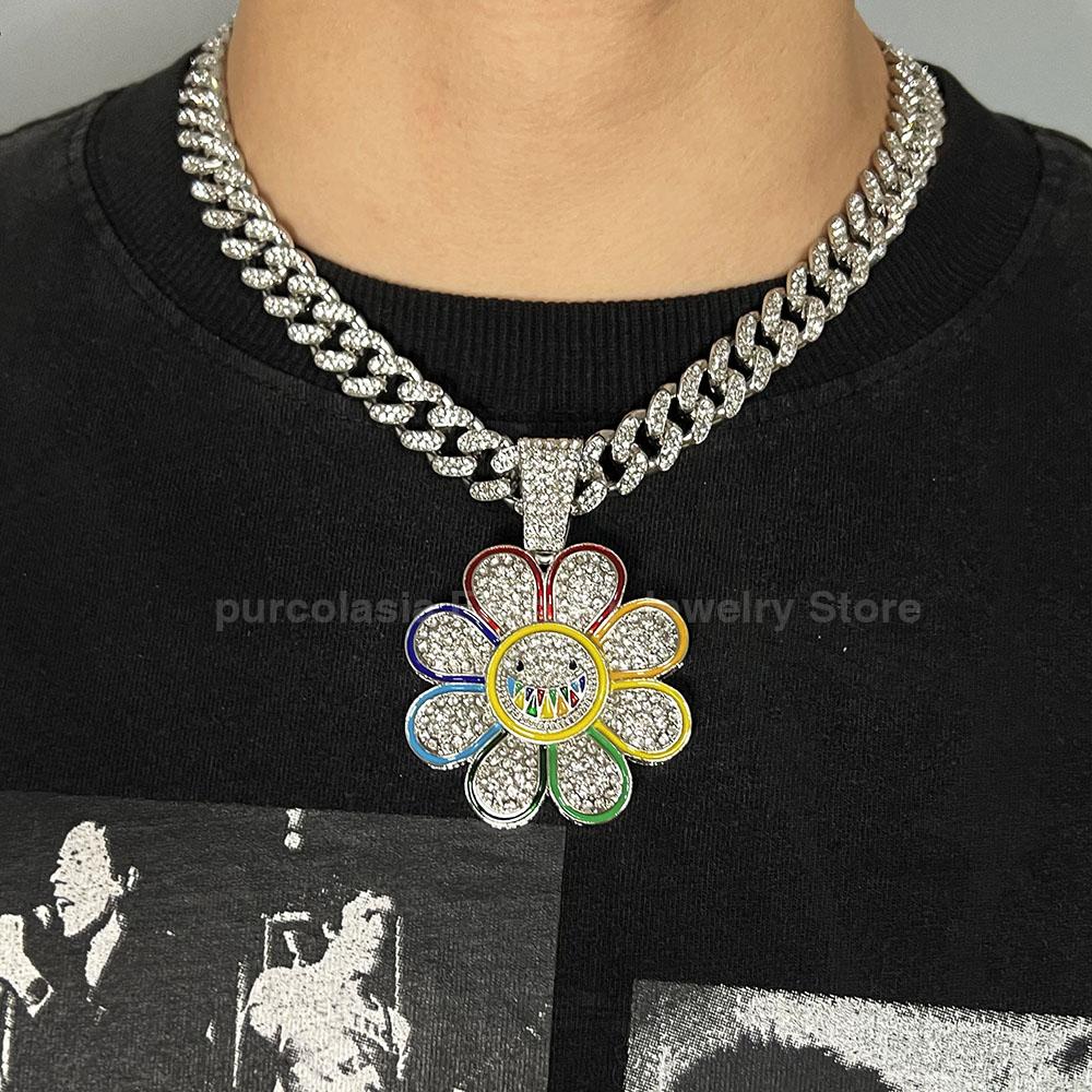 Shiny Cuban Chain Hip Hop Necklace for Men Women Colorful Sunflower Pendant Iced Out Full Rhinestones Accessories