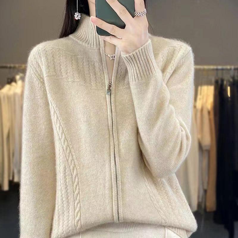 2024 Women's Retro Zipper Cardigan: Autumn Winter Loose Knit Semi-High Neck Sweater