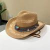 with Wind Lanyard Straw Cowboy Hat Wide Brim Panama Sun Hat Fashion Beach Hat  Vacation