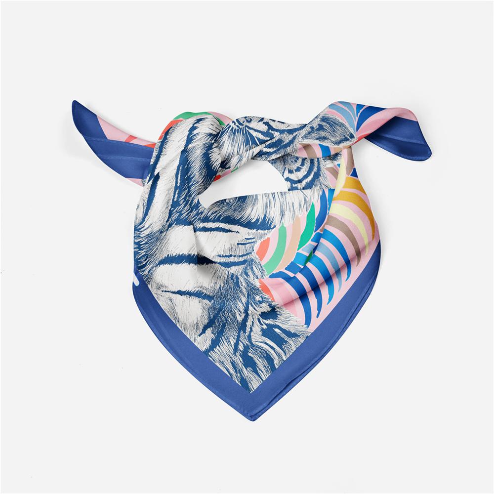 Twill Silk Scarf Women Indian Tiger Print Square Scarves Wraps Bandana Small Hijabs Silk Foulards Tie Headband Neckerchief 53CM