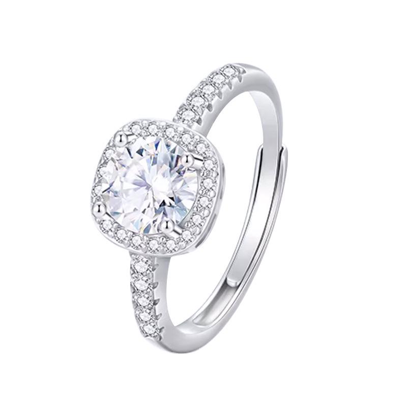 Pangdonglai Moissanite Diamond Open Square Ring for Women, S925 Sterling Silver, Adjustable and Versatile Tail Ring