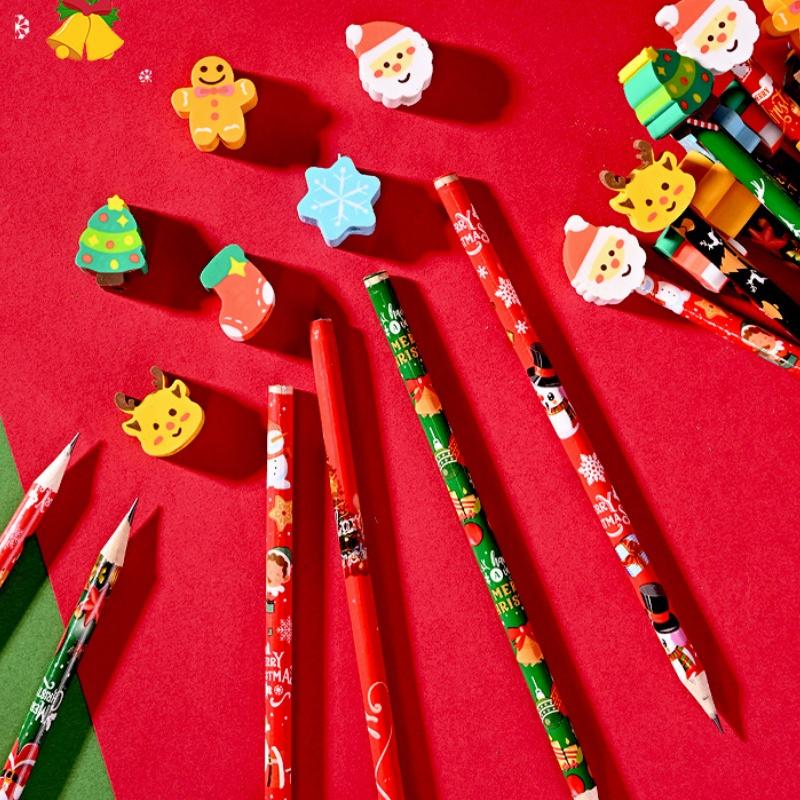 12Pcs Christmas Pencils With Cartoon Eraser Santa Claus Xmas Tree Wooden Pencils For Student School Supplies Children'S Gifts