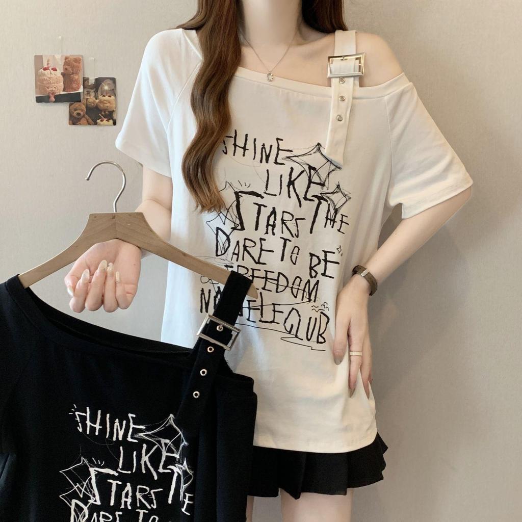 Damen Plus Size One-Shoulder T-Shirt mit Buchstaben - Schlankmachendes Lässiges Sommeroberteil