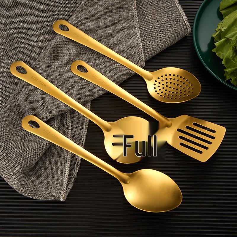 Korean Style Gold-Plated Stainless Steel Kitchen Utensil Set: Non-Magnetic Ladle, Slotted Spoon, and Frying Spatula.