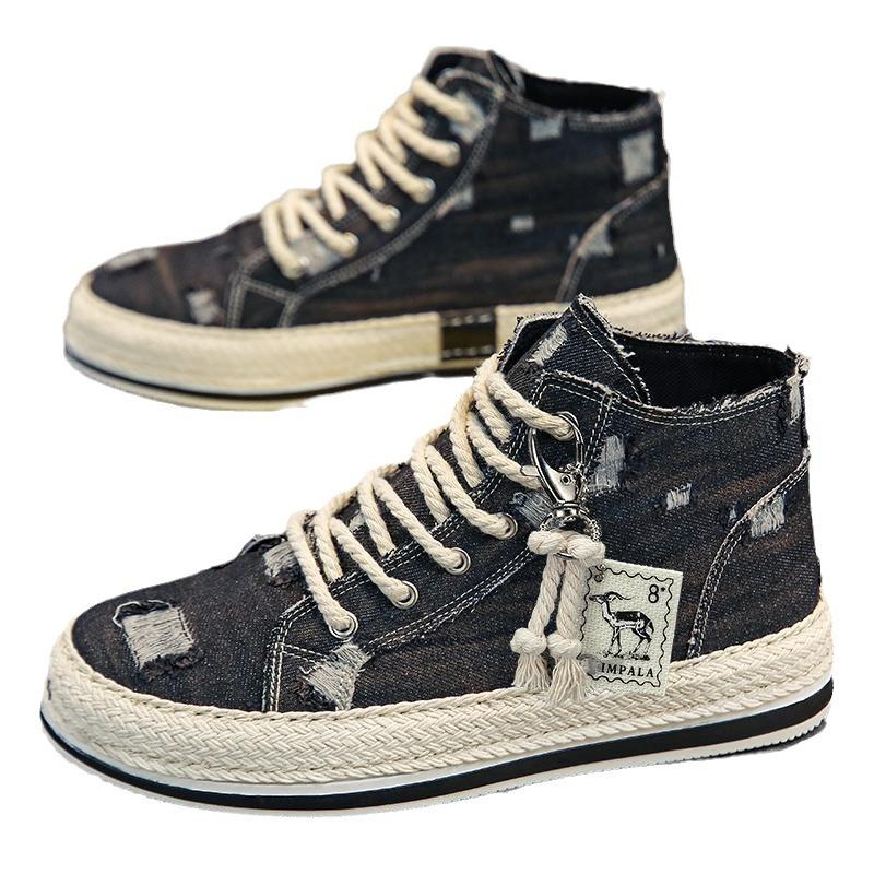 Fashion Denim Men's Canvas Shoes Breathable High Top Shoes for Men Slip On Sneakers Male Spring Summer Casual Platform Vulcanized Shoes