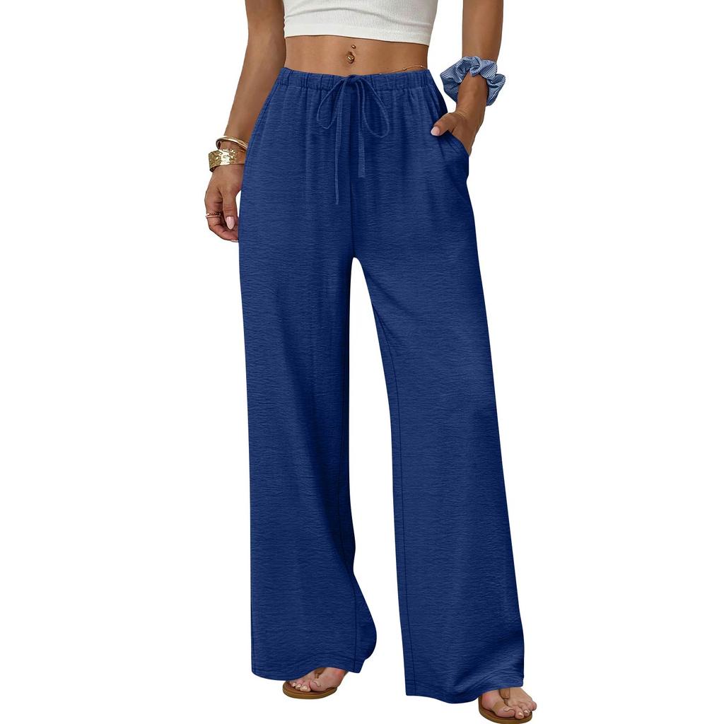 Women's Fashion Wide-Leg Trousers With Drawstring Elastic Waistband And Pockets Relaxed-Fit Casual Trousers