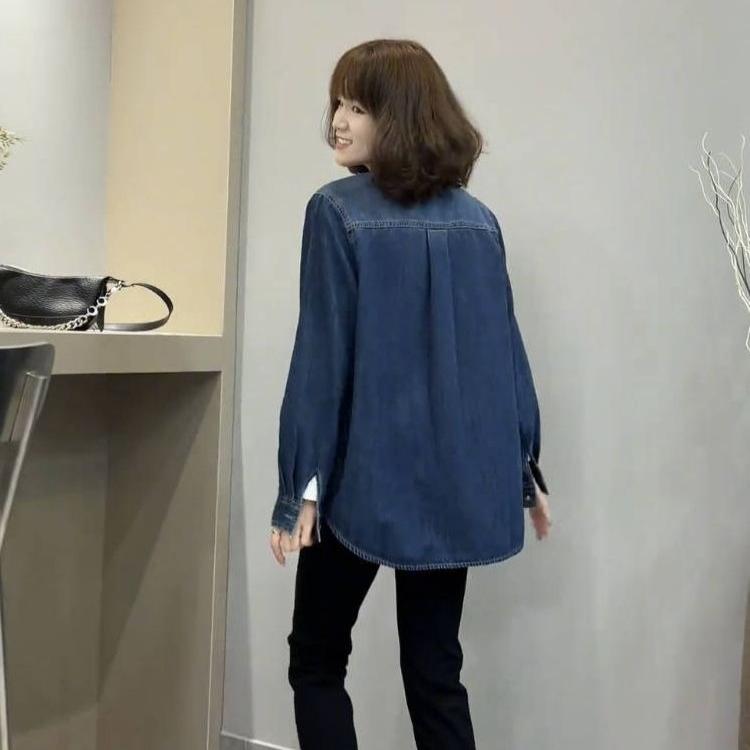 Casual Pocket Denim Blouse Loose Fit Fashion Shirt for Women Spring Fall Daily Outer Top