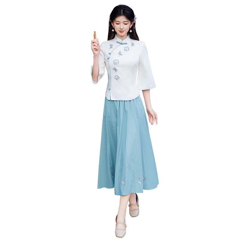 Vară Retro Chinezesc Guler Mandarin Bumbac In Brodat Costum Tang Cheongsam Top