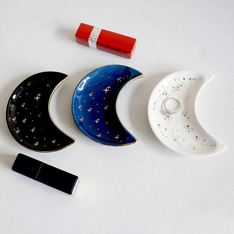 Nordic Ceramic Moon Shape Small Jewelry Dish Earrings Necklace Ring Storage Plates Fruit Dessert Display Bowl Decoration Tray