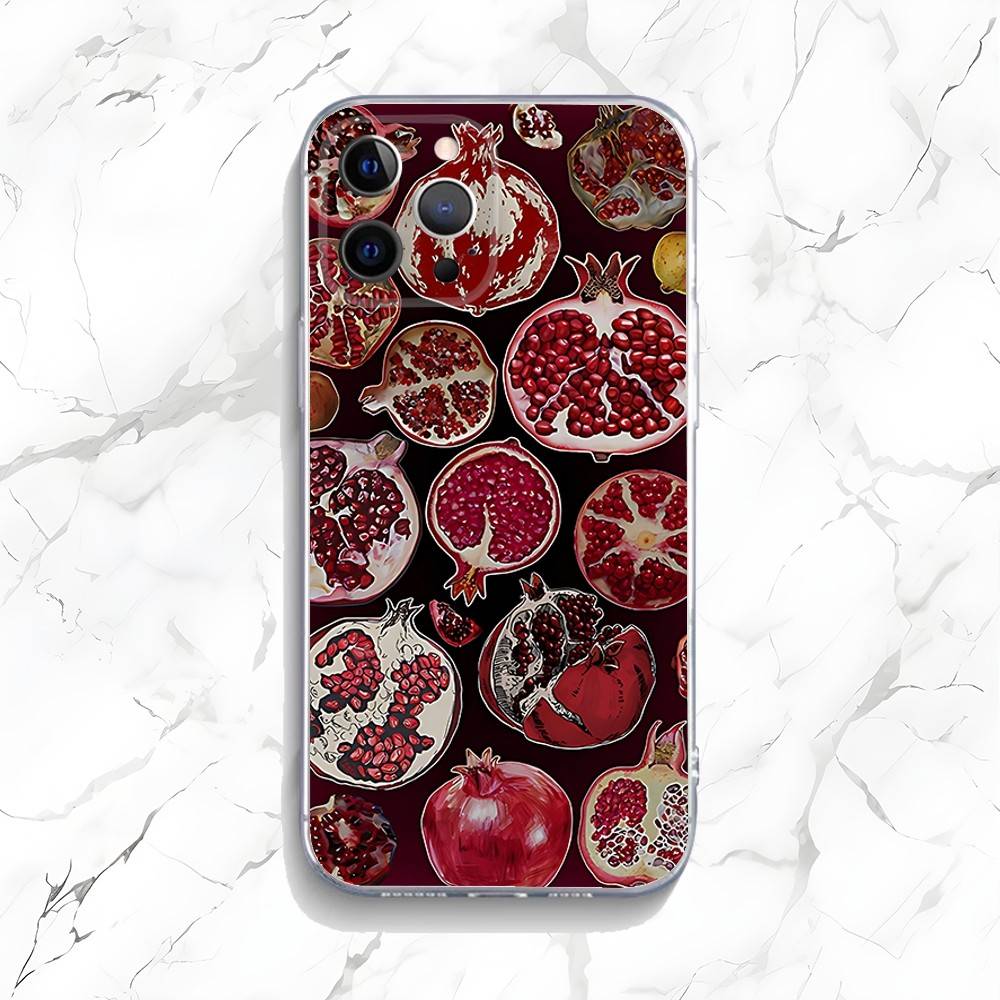 Gold Pink Pomegranate Art Phone Case For iPhone 16,15,14,13,12,11 Pro,Max,Plus,X,XS,XR,SE,Mini Transparent Silicone Soft