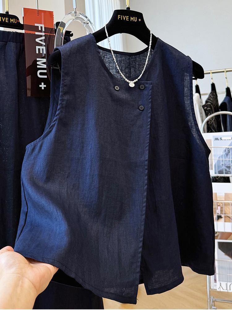 Women's Unique Pure Linen Summer Outfit - Skirt and Vest Set