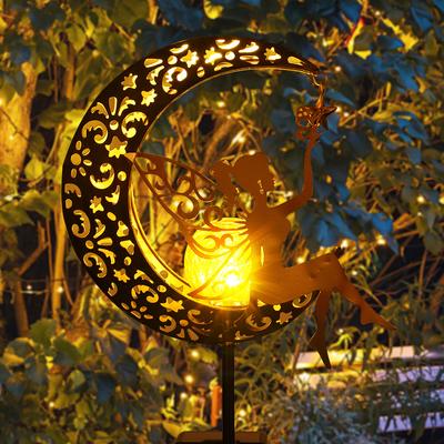 Fairy Moon Figurine Stake Light Iron Art Moon Fairy Glass Globe with Angel Decor LED Metal Stake Ornament Unique Gift for Garden
