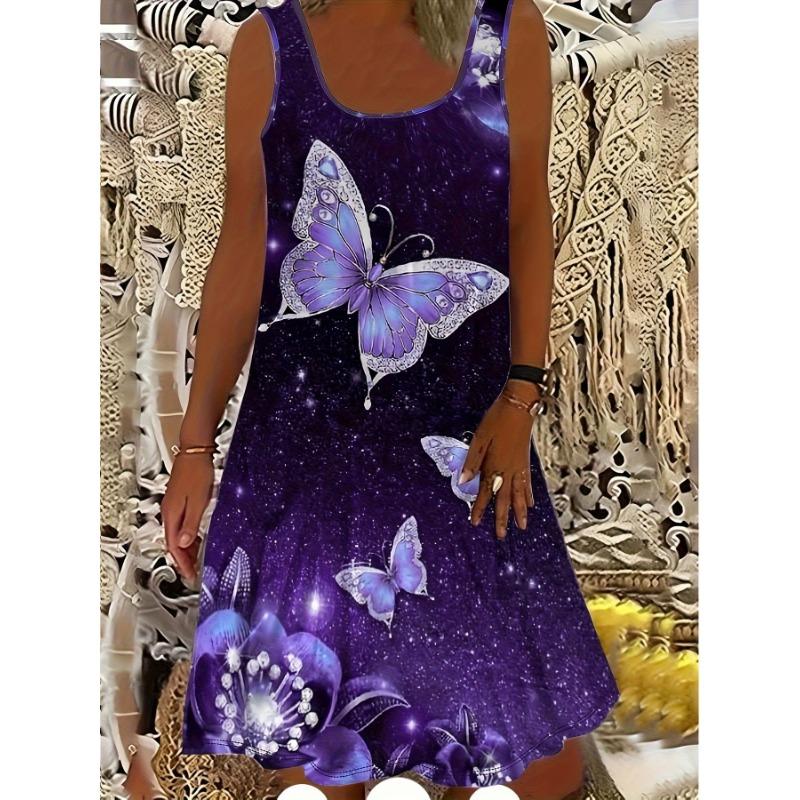 Casual Fashion Butterfly 3D Print Tank Dress Casual Sleeveless Dress Ladies Clothes Female Clothing S