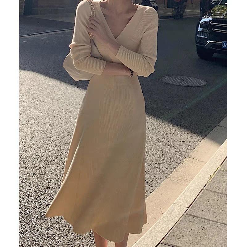 

Нишевое дизайнерское вязаное платье осень-зима новое темпераментное платье с длинным рукавом для ношения под низ S абрикосовый