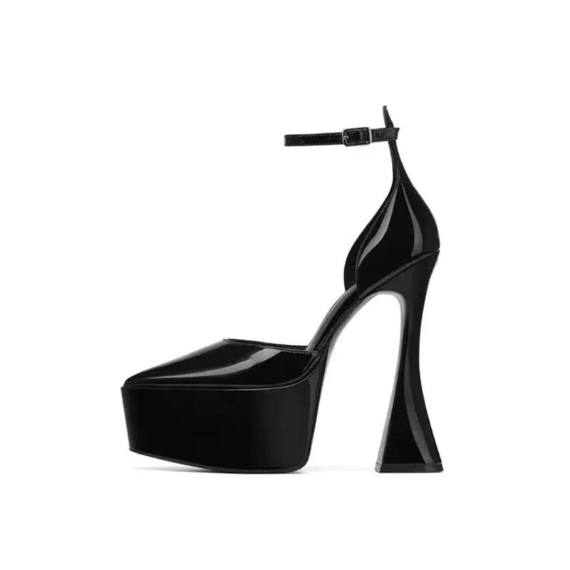 Pointed Toe Shallow Platform Women Sandals Sexy Shiny Patent Leather Ankle Strap High Heels 2025 High Quality Black/pink Pumps