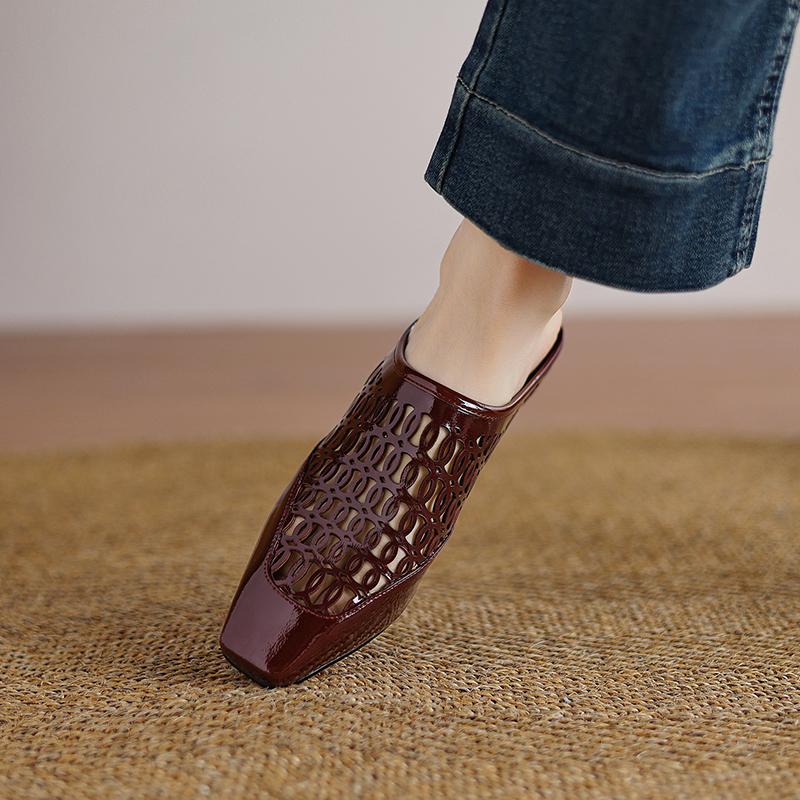 Fashion 2025 New Summer/Spring Women Mules Split Leather Women Shoes Square Toe Chunky Heel Shoes Cover Toe Women Sandals Soft Shoes