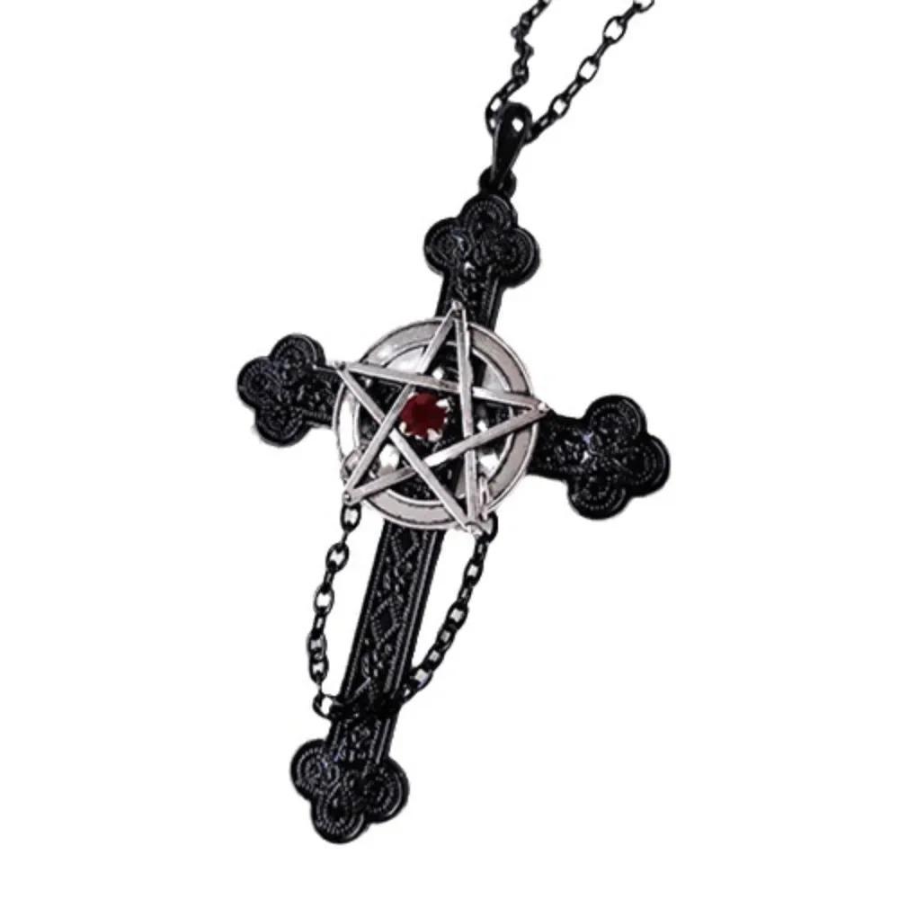 Gothic Dark Five-pointed Star Cross Relief Pattern Red Zircon Pendant Necklace for Women Men Hallowmas Punk Fashion Jewelry Gift