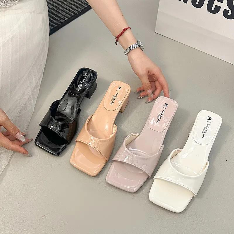 Fashion 2025 Summer New Women's Slippers Fashionable and Elegant Mid-high Heels Square Open Toe Slippers Simple Party Women's Shoes