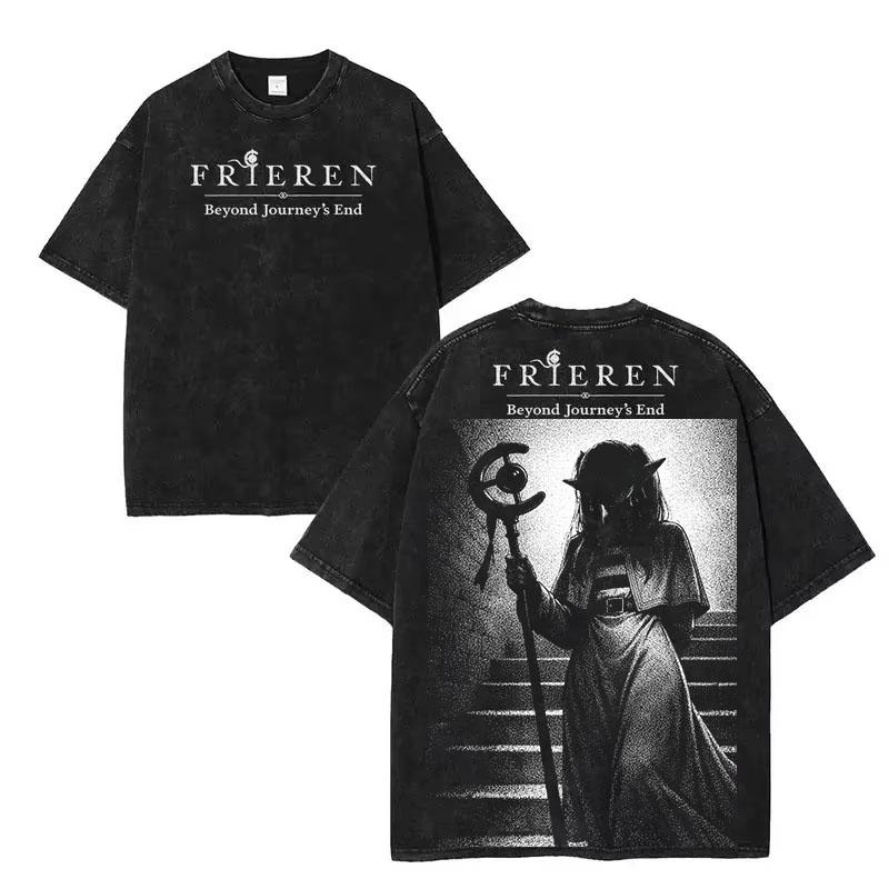 Japanese Anime Frieren T-shirt Gothic Y2k Vintage Washed Tshirt Men Women Clothing Top Summer High Quality Pure Cotton Tee Shirt