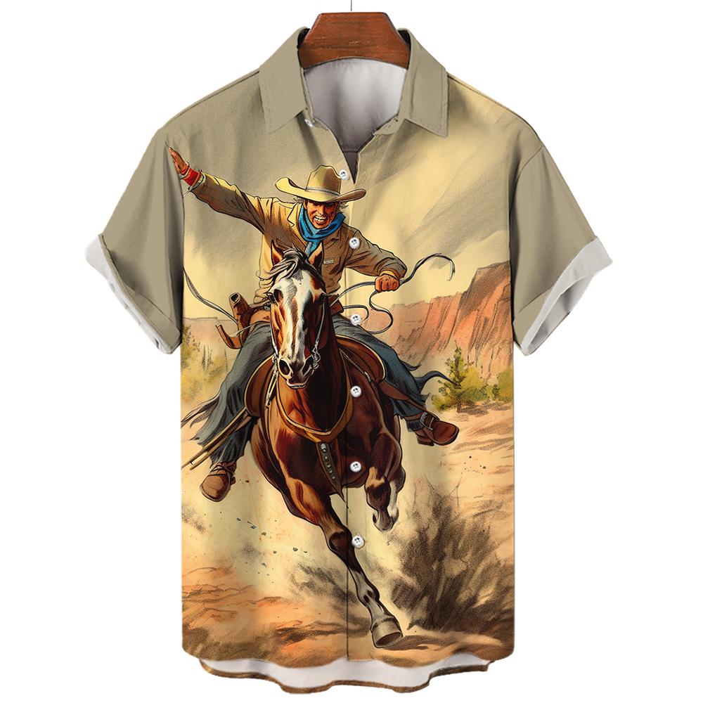 Western Denim Shirt For Men 3d Printed Oversized Hawaiian Sweatshirt Casual Short Sleeved V-Neck Men'S Clothing Street Daily Top