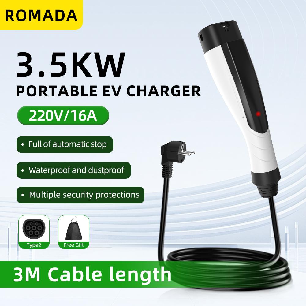 ROMADA 3.5KW 16A Portable EV Charger IP66 Waterproof 3M-10M Cable IEC62196 TYPE2 EU Plug Fast Charging For Electric Vehicles IEC62196 3.5KW 3M