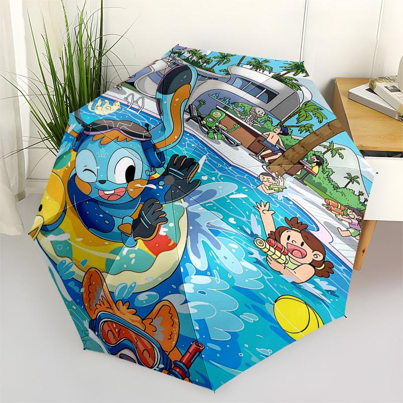 

1pc Outdoor Umbrella with Snorkeling Dog and Friends Design - Automatic Opening/Closing, Portable 3-Fold Design, 8-Bone Iron Frame, Perfect Gift