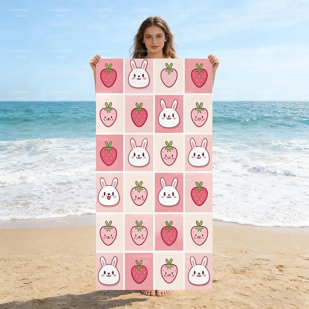 Cute Strawberry Bunny Print Beach Towel, Soft Microfiber Quick Dry Bath Towel for Women Girls