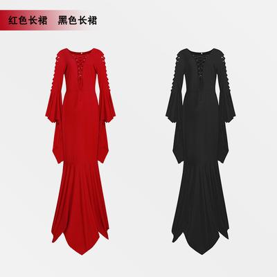 Gothic Witch Vampire Halloween Dress Women Lace-up Deep V Neck Halloween Out Long Batwing Sleeve Floor-length Asymmetrical Dress