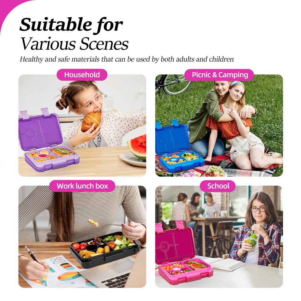 Glitzernder Stil Kinder Bento Lunchbox mit 5 Fächern Saucenbehälter Tragbar Unterteilt Mikrowellenofen Auslaufsicher Schule Büro