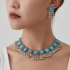 Vintage Bohemian Tassel Necklace and Earrings Set , Geometric Rhinestone Pendant , Retro Ethnic Two - Piece Jewelry Set