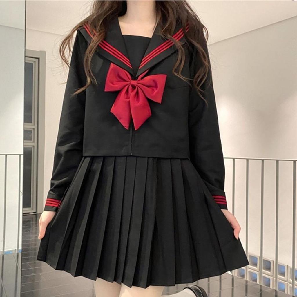 Moerstar Long Sleeve Pink Ribbon Sailor Uniform High School Halloween JK Pleated Authentic Perfect for Selfies and Women's Set, Girls, 3-Piece Set,