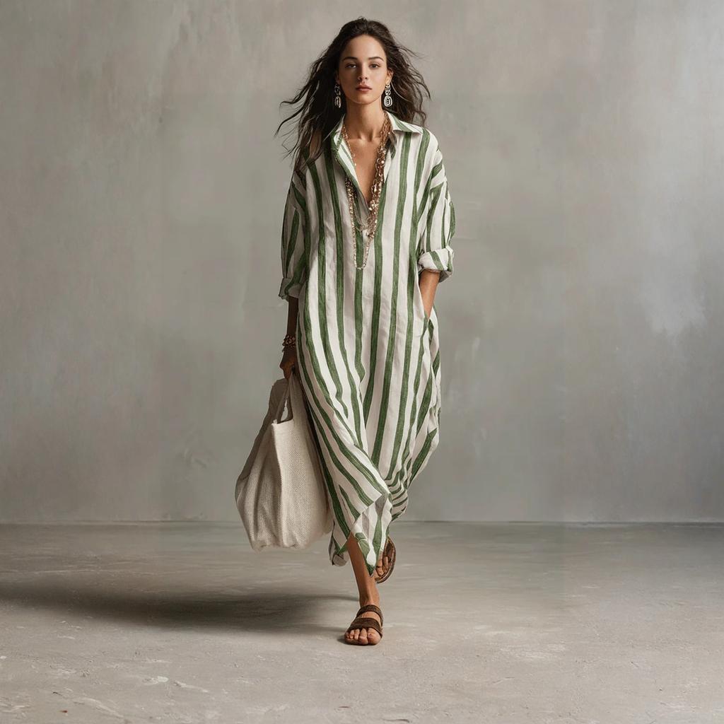 Women's Fashionable Loose V-neck Long Striped Three-quarter Sleeve Shirt Dress